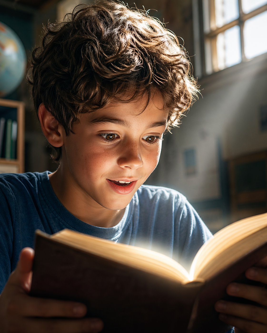 ילד קורא ספר עם פנים זוהרות מהאור של הספר